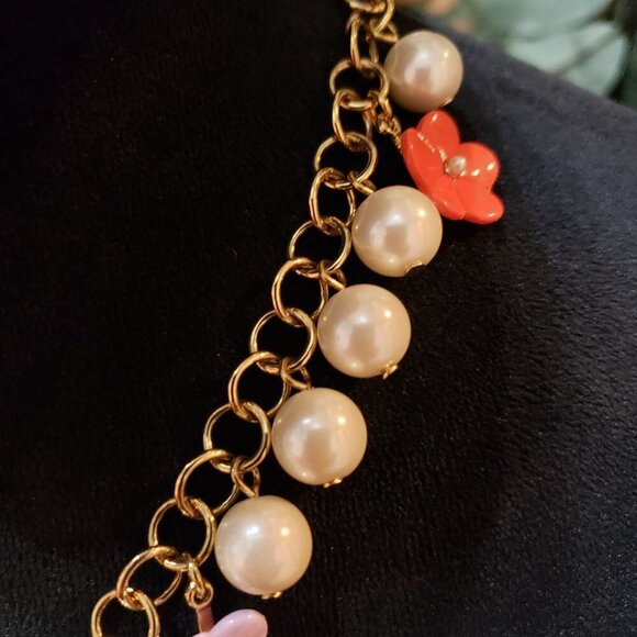 Ann Taylor Womens Gold Tone Faux Pearls Flower Charms Necklace with Hook & Eye - Picture 4 of 8
